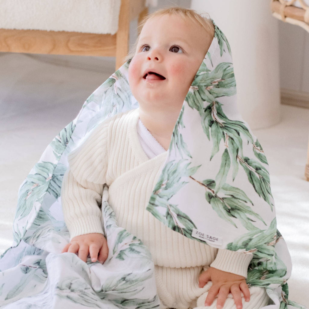 Organic Cotton Muslin Swaddle Wrap - Blue Gum Leaf